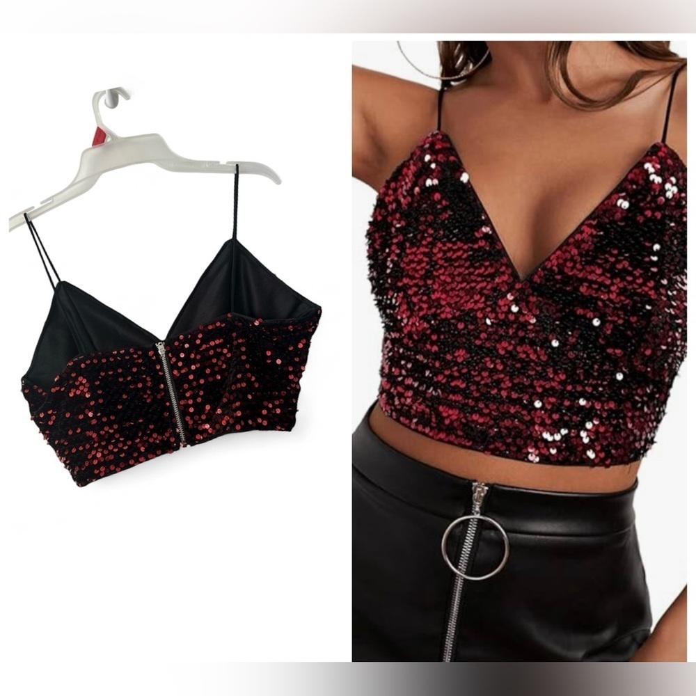 SweatyRock Women’s Red Sequins Spaghetti Strap V Neck Top Brand New